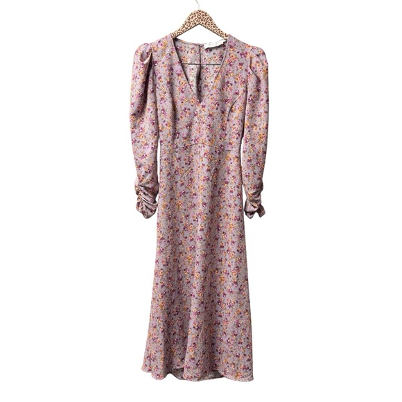 ASTR Puff Sleeve V-Neck Back Cutout Floral A-Line Midi Dress Purple Peach Large - Picture 2 of 11